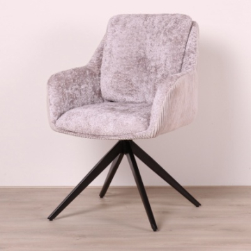 Eetkamerstoel met lichtgrijs ribstof, armleuning en draaibaar.