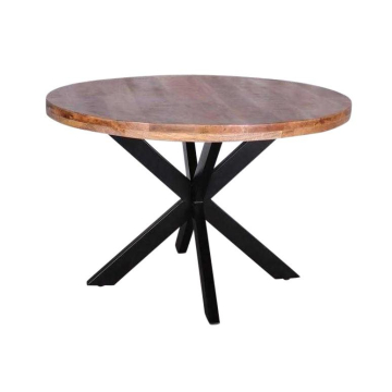 Eethoek van mangohout 140cm met vier stoelen in stof cognac.