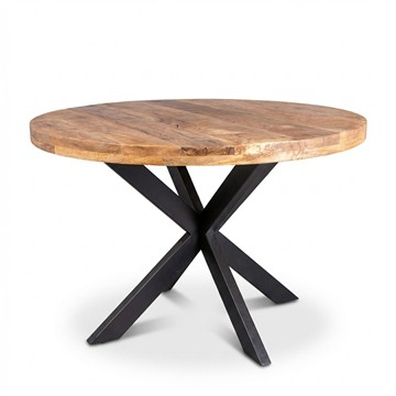 Eethoek van mangohout 140cm met vier stoelen in stof cognac.