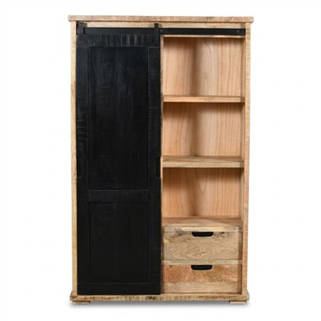 Kast mangohout met zwarte schuifdeur.
