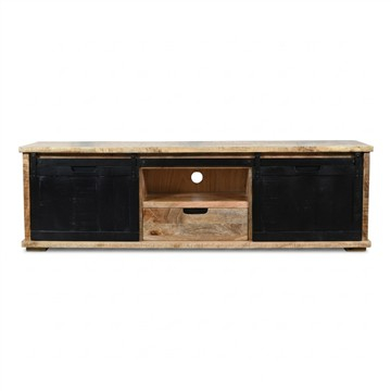 Tv meubel mangohout met zwarte schuifdeuren.