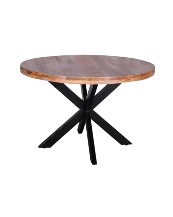 Eettafel mangohout 120 cm. Industriële ronde eettafel met een zwart metalen onderstel gecombineerd met een mangohouten bovenblad.